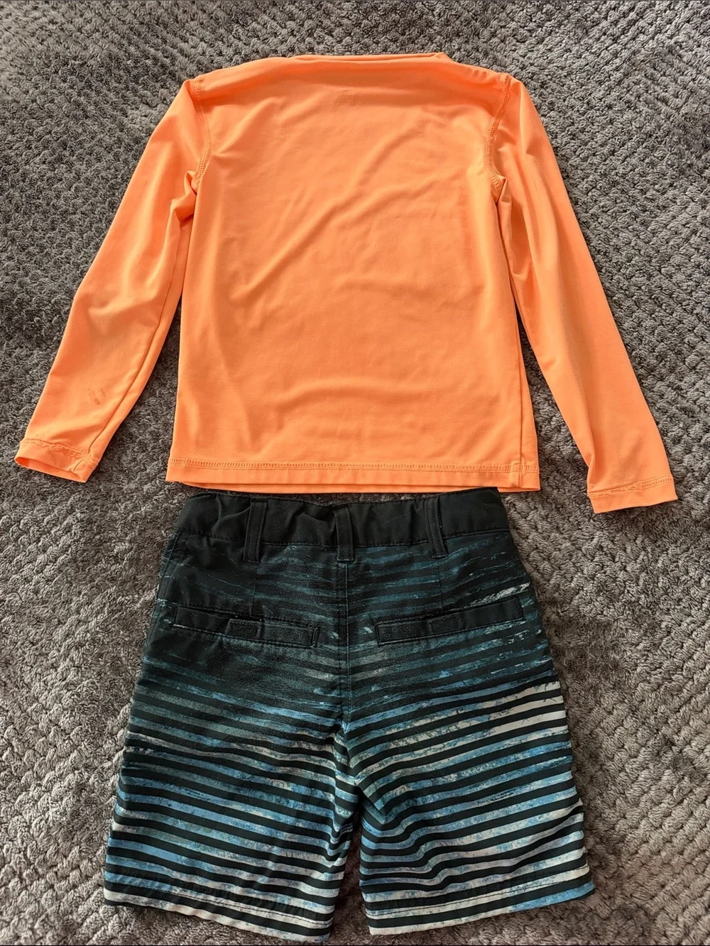 Kids Orange Long-Sleeve Swim Top with Graphic and Black Stripe Swim Trunks